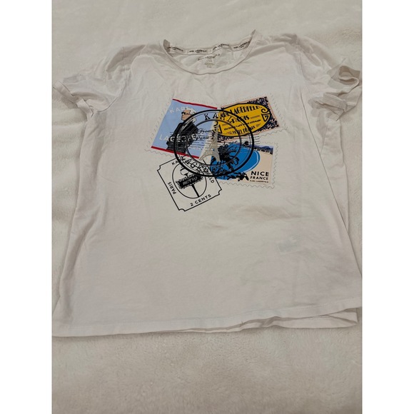 Karl Lagerfeld Paris Tops - Karl Lagerfeld Paris Womens White Graphic Tee Eiffel Tower Postage Stamp Large
